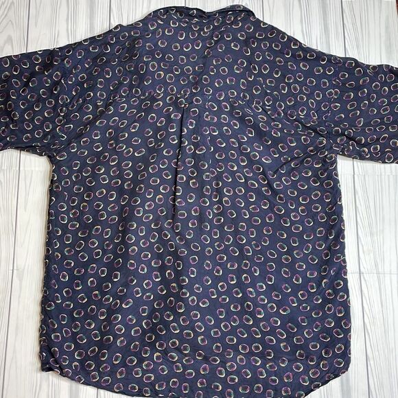 Vintage Fine Line All over Print Silk Button Down Blue Large - Picture 7 of 7